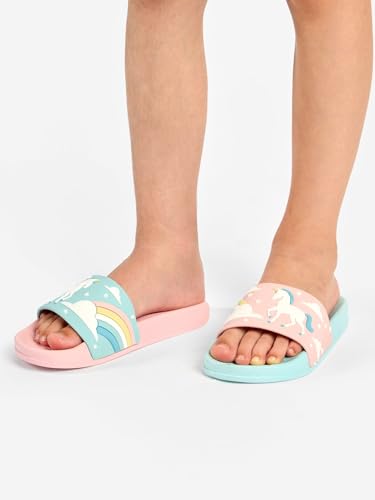 Dedoles Badeschuhe & Hausschuhe Damen Herren & Kinder Badesandalen lustige Designs Bücher Kaffee Party Pizza Fuchs Bär Lama Wolken Geschenk, Farbe: Einhorn und Regenbogen, Gr.: 30 EU 2