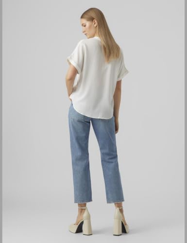 VERO MODA Damen Top Casual Splitneck umgeschlagene Ärmelbündchen Bluse Kurzarm, Farben:Weiß, Größe:M – Ansicht 6