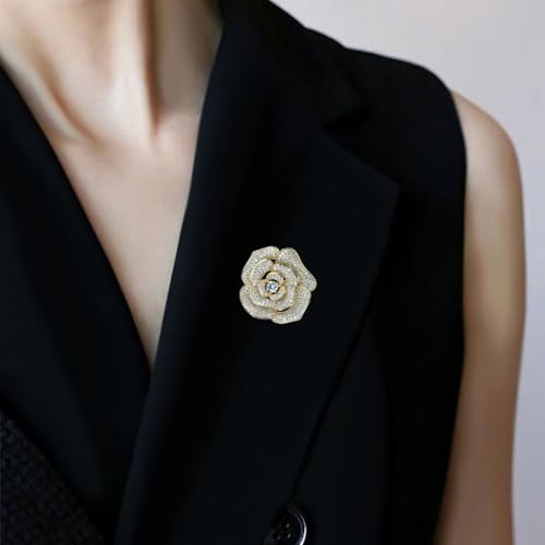 Image of Elegant Crystal Blooming Rose Flower Brooch Lapel Pin Breastpin for Women Birdal Cardigan Hat Scarf Suit Sweater Floral Pins