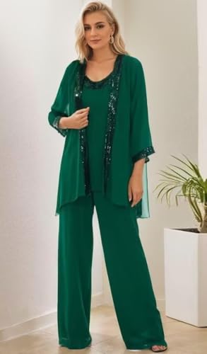 3 Piece Mother of The Bride Pantsuits for Wedding Sequin 3/4 Sleeve Formal Outfits with Jacket PS0104
