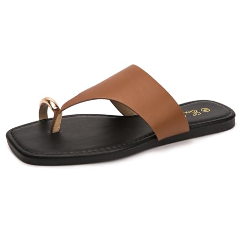 Image of Eozlink Women's Toe Ring Flat Sandals, Slip On Dressy Summer Slides | PU upper with square toe and metal accent for resort and casual outfits