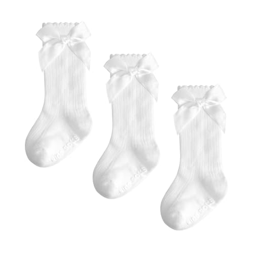 Image of Baby Knee High Socks Girl Non Slip Toddler Stockings Cotton Bow Ruffle Newborn Long Socks Infant Dress Sock 0-6M/6-12M/1-3Y