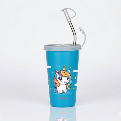 Image of PDDFALCON Stainless Steel Cartoon Print Glass /Tumbler with Steel Straw, Cleaning Brush & Food Grade Cap, 100% Leak Proof. Ideal for Kids. (Unicorn Sky Blue 450ml)