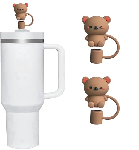 2Pcs Teddy Bear Straw Cover for Stanley 40&30 Oz Cup, 10mm Silicone Covers Cap for Stanley Cup Accessories, Cute Topper, Cap Stopper for Reusable Straws Tip Lids (JLY143)