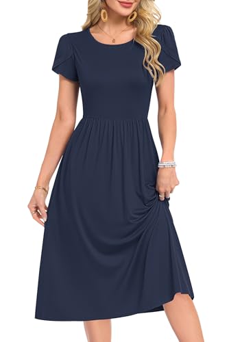 MOLERANI Damen Sommerkleider - Kurzarm Rundhals Midikleid Knielang Freizeitkleider Lose A-Linie Kleider mit Tasche Marineblau 2XL 2