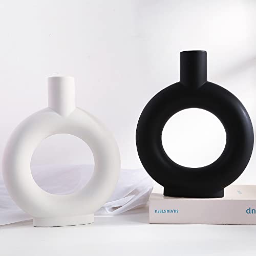 Whjy 9 Inch White Circle Hollow Ceramic Vase, Korean Minimalist Style Home Decoration, Nordic Style Vase, For Living Room, Bedroom, Coffee Shop, Hotel, Wedding #TOP5