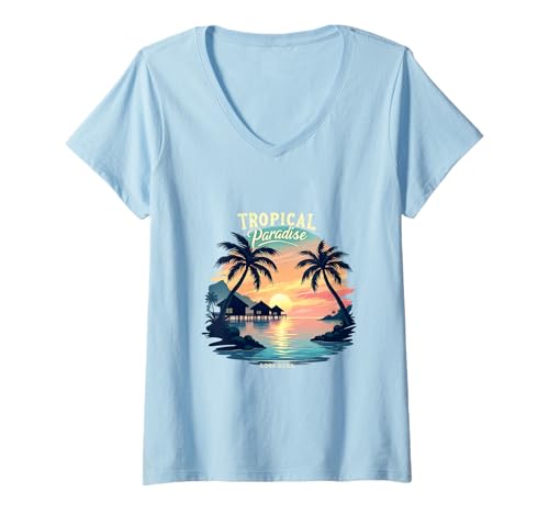 Mujer Paraíso Tropical Atardecer Bora Bora Camiseta Cuello V