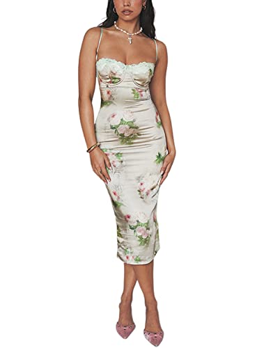 Image of ABINGOO Women Vintage Spaghetti Strap Maxi Dress Sexy Low Cut Backless Floral Satin Slip Long Dress Y2k Cami Bodycon Dresses