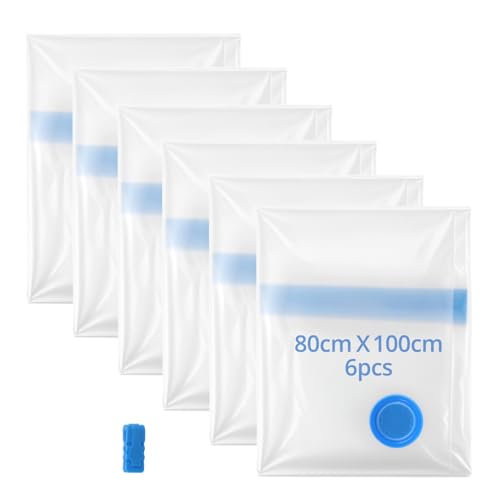 QWORK® 6x Grand Sac Sous Vide Vêtement Aspirateur, 100x80cm, Hermétique et Réutilisable - Polyvalent pour les vêtements, la literie et les valises