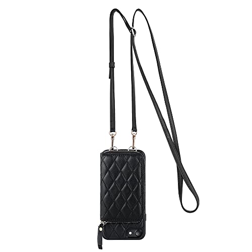Lameeku Wallet Case Compatible With Iphone Iphone Se 2022 5G, Iphone 8 Case Wallet Iphone 7 Quilted Leather Card Holder With Crossbody Strap Wirstlet Shockproof Case For Iphone 8/7/Se 4.7"-Black #TOP4