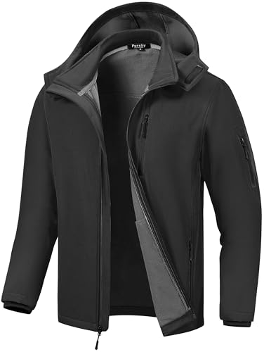 Pursky Men's Softshell Jacket Waterproof Fleece Lined Windbreaker With Removable Hood Lightweight Tactical Jacket