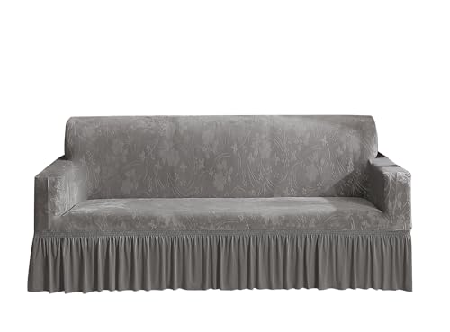 ストレッチソファーカバー 花柄 3人掛け 肘付き 肘なし ふわふわ 北欧風 フリルスカート付き 厚手 無地 クリスタルベルベット 滑り止め 一体型ソファカバー 保温 ソファー保護カバー ぴったりフィット 四季通用(ライトグレー,3人掛け/190-230cm