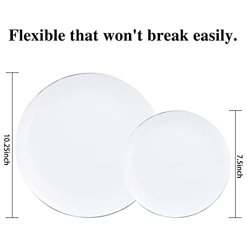 KIRE 100PCS Silver Plastic Plates - Heavy Duty White Disposable Plates with Silver Rim for Party/Wedding - Include 50Pcs 10.25inch Dinner Plates and 50Pcs 7.5inch Dessert Plates