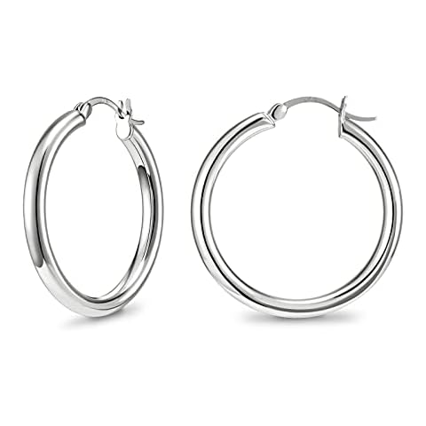 SWEETV Sterling Silver Earrings Chunky Hoop Earrings for Women 25MM Polished Huggie Earrings for Sensitive Ears Cover