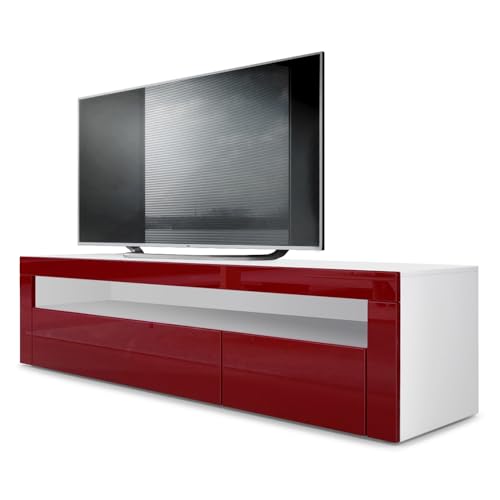 Vladon Buffet Bas Valencia, Meuble TV avec 1 Compartiment Ouvert et 2 clapets, Blanc Mat/Bordeaux Haute Brillance/Bordeaux Haute Brillance (155 x 46 x 40 cm)