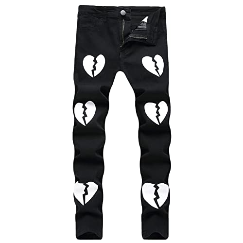 Cambkatl Men's JeansStylish Broken Heart/Butterfly Printed Slim Fit Stretch Denim Pants Designer Fashion Streetwear
