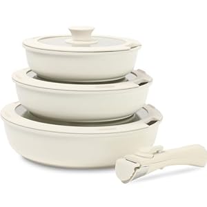 ESLITE LIFE Nonstick Frying Pan Skillet Set with Lids & Detachable Handle, Healthy Granite Coating Egg Omelette Pan Stone Cookware Chef’s Pan, PFOA Free(Cream, 7-Piece)