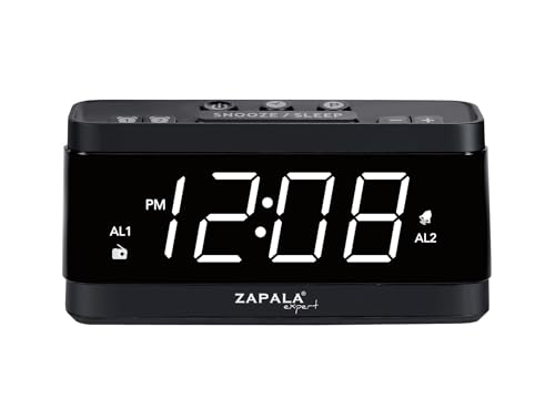 ZAPALA Expert Radiosveglia con 2 sveglie, grande display a LED, radio FM digitale con porta di ricarica USB, volume e dimmer regolabili, snooze per bambini che dormono profondamente