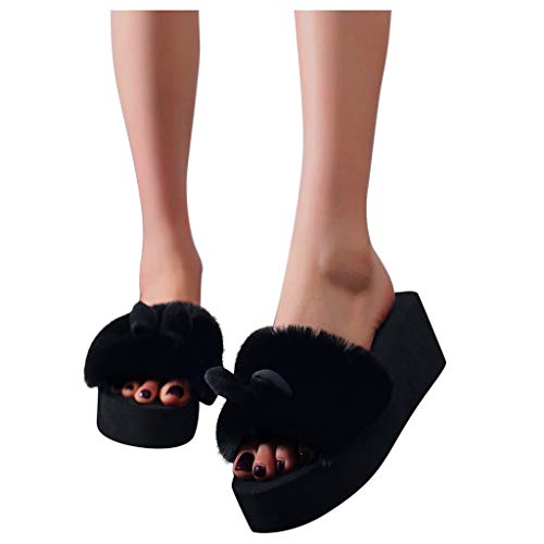 FGUUTYM Chaussons en peluche pour femme - Rose - À talons hauts - Pour l'intérieur et l'extérieur - Chaussons en feutre - Talon compensé - Pantoufles d'hiver, Noir , 37 Cover