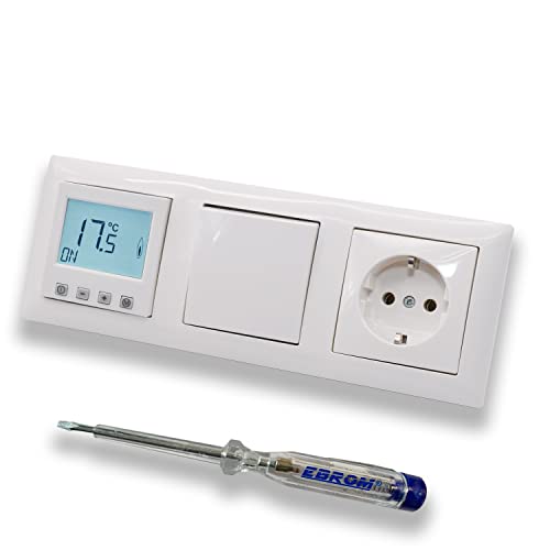 Halmburger Raumthermostat Raumtemperaturregler ERD-55rg DIGITAL in Busch Jäger Balance SI alpinweiß Lichtschalter und Steckdose + EBROM Phasenprüfer zur Montage der Geräte ERD-55 (rg) Fußbodenheizung