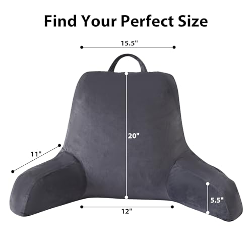 IPYNBAP Reading Pillow with Arms for Adults, Back Pillow for Bed Sitting Up, Shredded Memory Foam Backrest Pillow with Pockets & Removable Washable Cover, Lounging, Watching TV, Reading(20inch Grey)