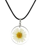 stylesilove Womens Pressed Natural Daisy Flower Resin Pendant Necklace (White with Leather Rope) (White with Leather Rope) (White with Leather Rope)