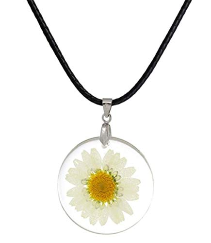 StylesILove Womens Pressed Natural Daisy Flower Resin Pendant Necklace (White with Leather Rope)
