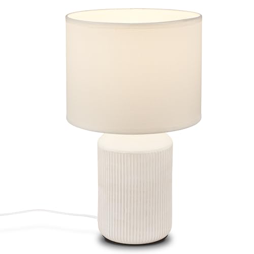 BRILONER - Tischlampe mit Stoffschirm, Kabelschalter, Keramikfuß, Lampe, Nachttischlampe, Tischleuchte, Dekolampe Flur, Bürolampe, Leselampe, Wohnzimmer, Schlafzimmer, 22x37,5 cm (DxH), Weiß