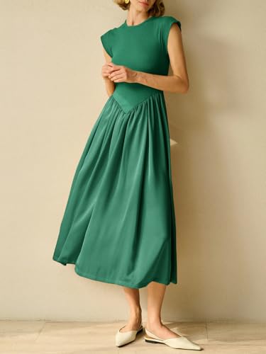 Imily Bela Womens Casual Cap Sleeve Midi Dress Crewneck Swing Flowy Empire Waist Long Dress 2025 Summer Trendy Outfits Green — view 2