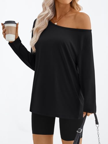 Trendy Queen Womens Off The Shoulder Tops Oversized Tshirts Long Sleeve 2025 Casual Basic Tees3