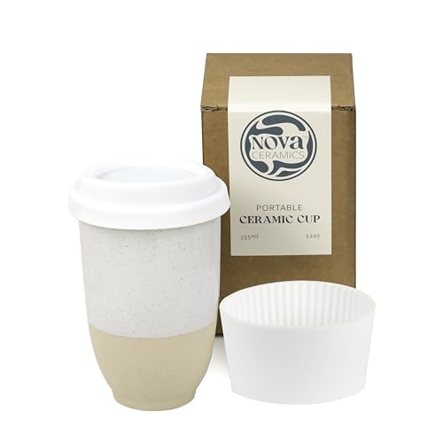 Image of NOVA CERAMICS Travel Mugs - Reusable Coffee Cup - Cute Coffee Mugs Travel Coffee Tumbler - Microwave & Dishwasher Safe To Go Coffee Mug- Gifts For Women Men Him Her - 12oz - Dune