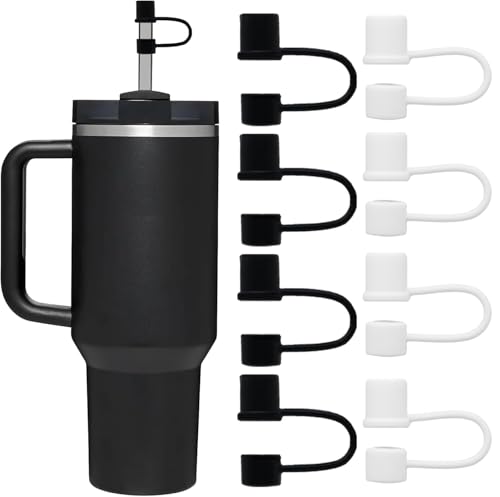 Straw Toppers for 10mm/0.39inch Diameter Straw Cover, compatable for Stanley/Owala Tumblers, Food Grade Silicone. (4Pcs-White+4Pcs-Black)