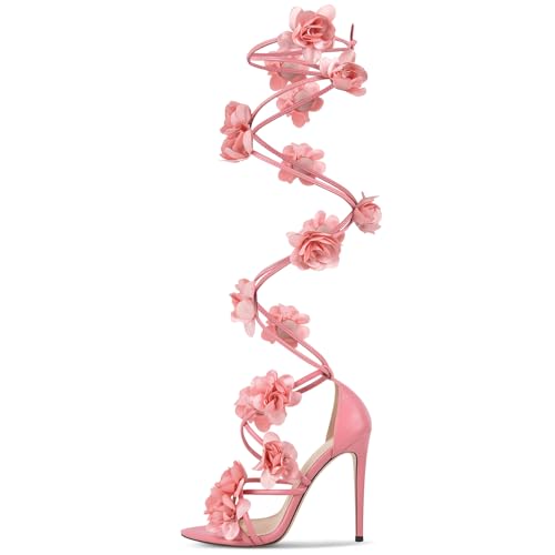 richealnini Flower Straps Spiral Up to Knee High Gladiator Sandals Sexy Heels for Women Bling Rose Embellished Stiletto Heeled Sandals Pointed Toe Pink Floral Heels Stylish Dress Size 10