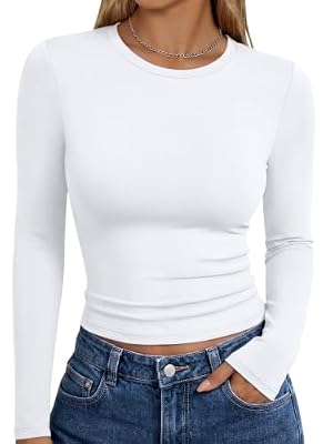 Trendy Queen Womens Long Sleeve T Shirts Fall Basic Tops White M | Buttery-Soft, Super Stretchy, Fitted Cute Tops, Going Out Basic Tees, Compression Underscrubs Shirts