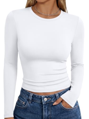 Trendy Queen Womens Long Sleeve T Shirts Fall Basic Tops White S
