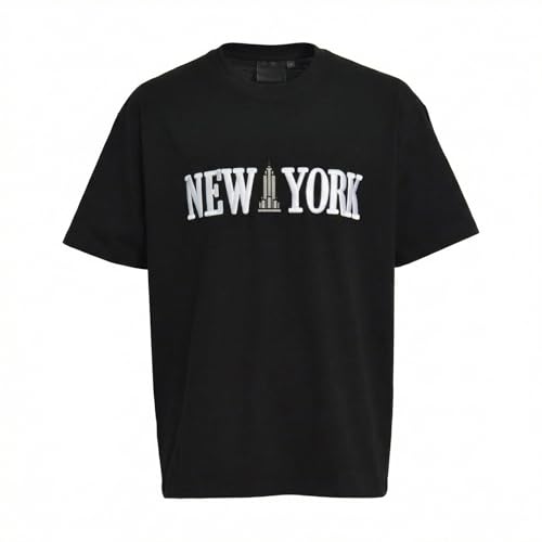 Lemauoai 3D Embroidered New York T-Shirt, NYC Empire Skyscraper Icon Cotton Short Sleeve Summer Streetwear Tee for Men Women (US, Alpha, X-Large, Regular, Regular, Black)