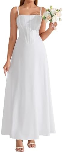 Corset Spaghetti Strap Tea Party Long Maxi Wedding Guest Dresses for Women, White, L