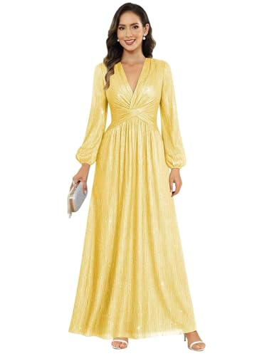 Image of Women's Formal Wedding Guest V Neck Glitter Sequins Mother of The Bride Dresses Long Sleeve