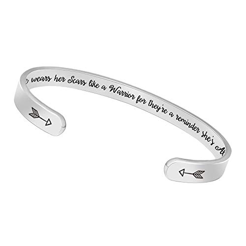 Btysun Inspirational Jewelry, Cuff Bracelets Birthday Gifts for Women Personalized Mantra Gifts for Mom with Gift Box (She Wears her Scars Like a Warrior)