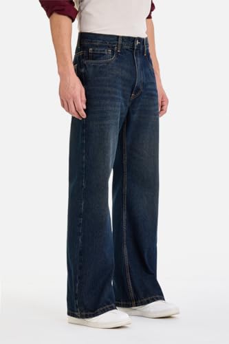Image of SNITCH Men Flared Fit Jeans | Mid Rise Stone-Washed Denim with Raw Frayed Hem & 5-Pocket Design | 100% Cotton Woven Fabric for Casual & Everyday Wear