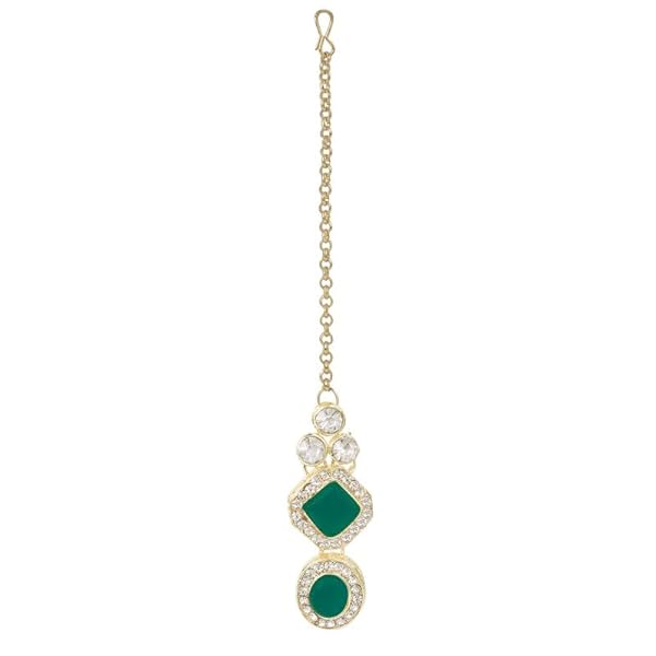 TANAIRA Green Color Stones Choker Necklace Earrings Maangtika Set For Women & Girls/Gold Color crystal Bridal Jewellery Set for Wedding |Birthday Gift for girls and women Anniversary Gift for Wife - Image 6
