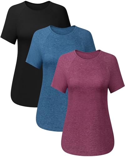 Ficerd 3 Pcs Women Short Sleeve Shirts Curved Hem Top Round Neck Tunics Side Split Summer for Women2