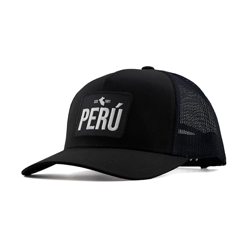 PeruCoUSA Peru Est 1821 Hat — Trucker Mesh Snapback Patch Cap — Adjustable — Gorras de Peru (US, Alpha, One Size, Black/Black)