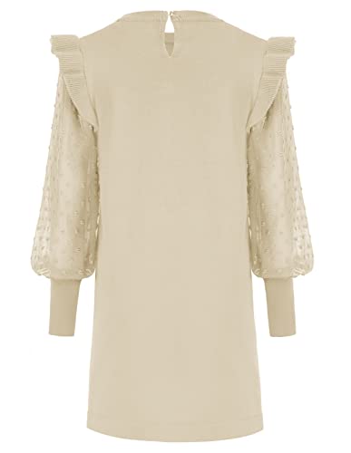 Girls Crew Neck Sweater Dress Lantern Sleeve Knit Ruffled Straight Dress Apricot 10Y #TOP6