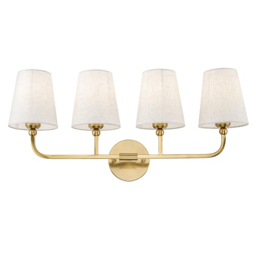 Image of 4-Light Brushed Gold Bathroom Vanity Light with Linen Fabric Shade | 28 Inch gold bathroom light fixture over mirror, UL listed, E26 bulbs, hardwired, upward only, VL837-BG-A-4