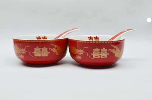 Image of Liang baobao Chinese Wedding Tea Gift 2 Set Bowl Spoon Porcelain Dragon and Phoenix for Adults Men Women Couple Wedding Party (4 /set dragon phoenix double happiness)