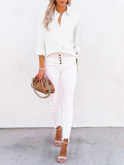 Womens Button Down Shirts Cotton Wrinkle Free Long Sleeve Tops Solid Stretch Dress Shirts Casual Work Office Blouses - Image 2