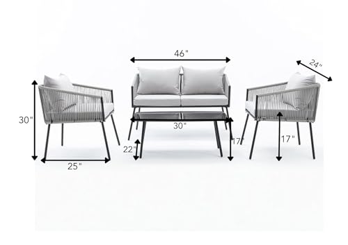 Image of DEVOKO Patio Furniture Set, 4 Pieces Porch Backyard Garden Outdoor Furniture Rope Sofa Set and Table Conversation Set in Grey Color