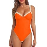 Badeanzug Push-Up Monokini mit herausnehmbaren Polstern für Damen im Urlaub Strandbekleidung mit farblich abgesetzten Trägern Schnittführung (Orange, L)