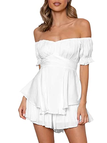 ensswliz Women Puff Sleeve Square Neck Romper Dress Off Shoulder Ruffle Shorts Smocked Layered Flowy A Line MiniBeach Swing Dress Sundress (White, M)